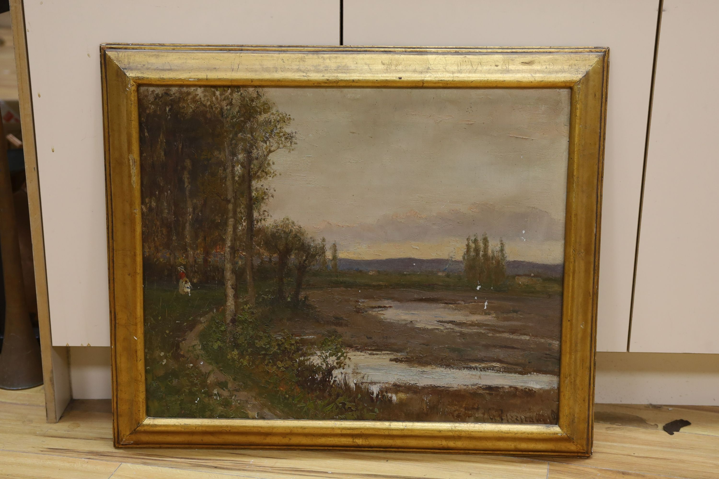 Giuesppie Pizzarini (1886-1971), oil on canvas, Landscape near Bologna, signed with label verso, 57 x 70cm